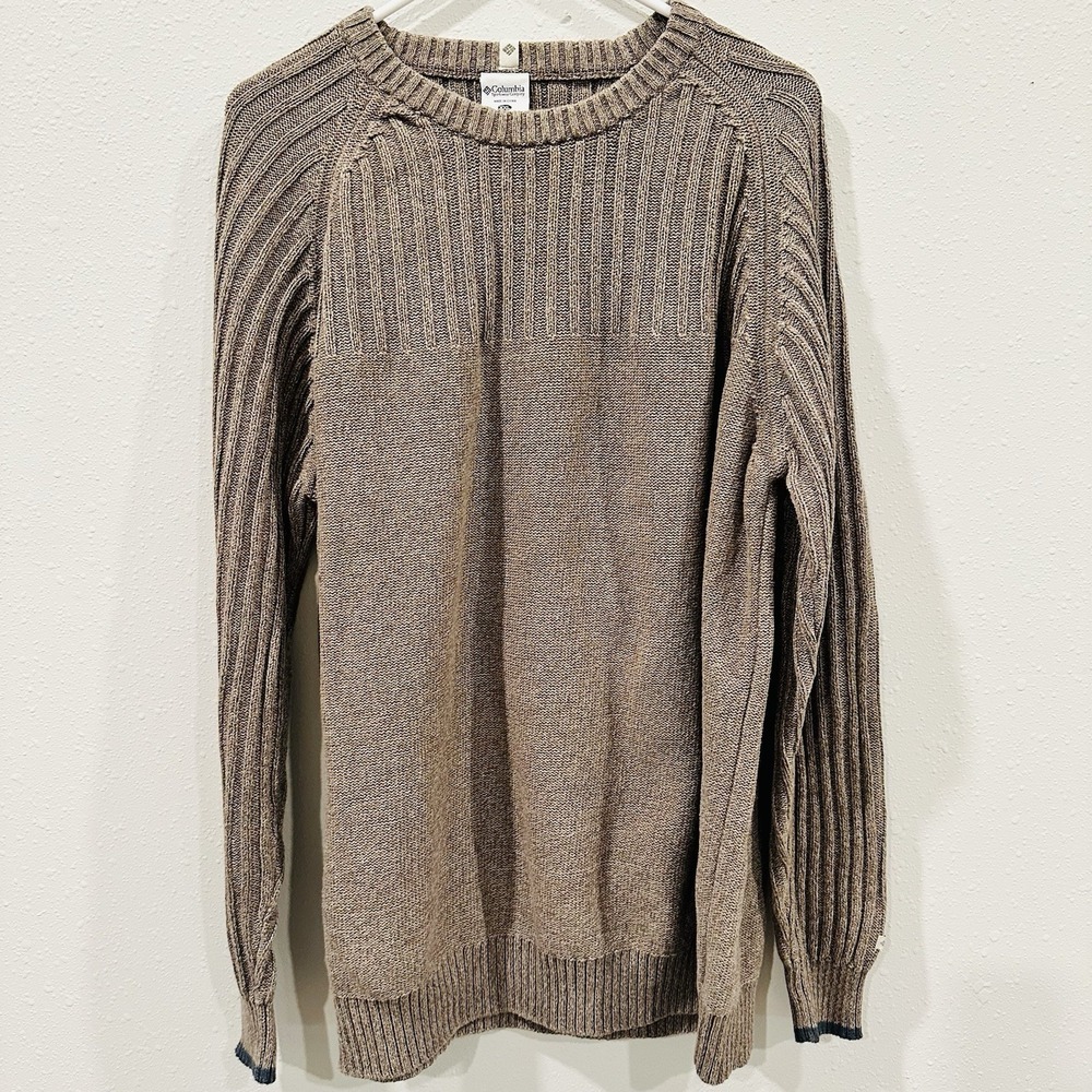 Vintage Columbia 90s Mens Crew Neck Tan Oatmeal Cotton Rib. Sweater Gorpcore XXL
